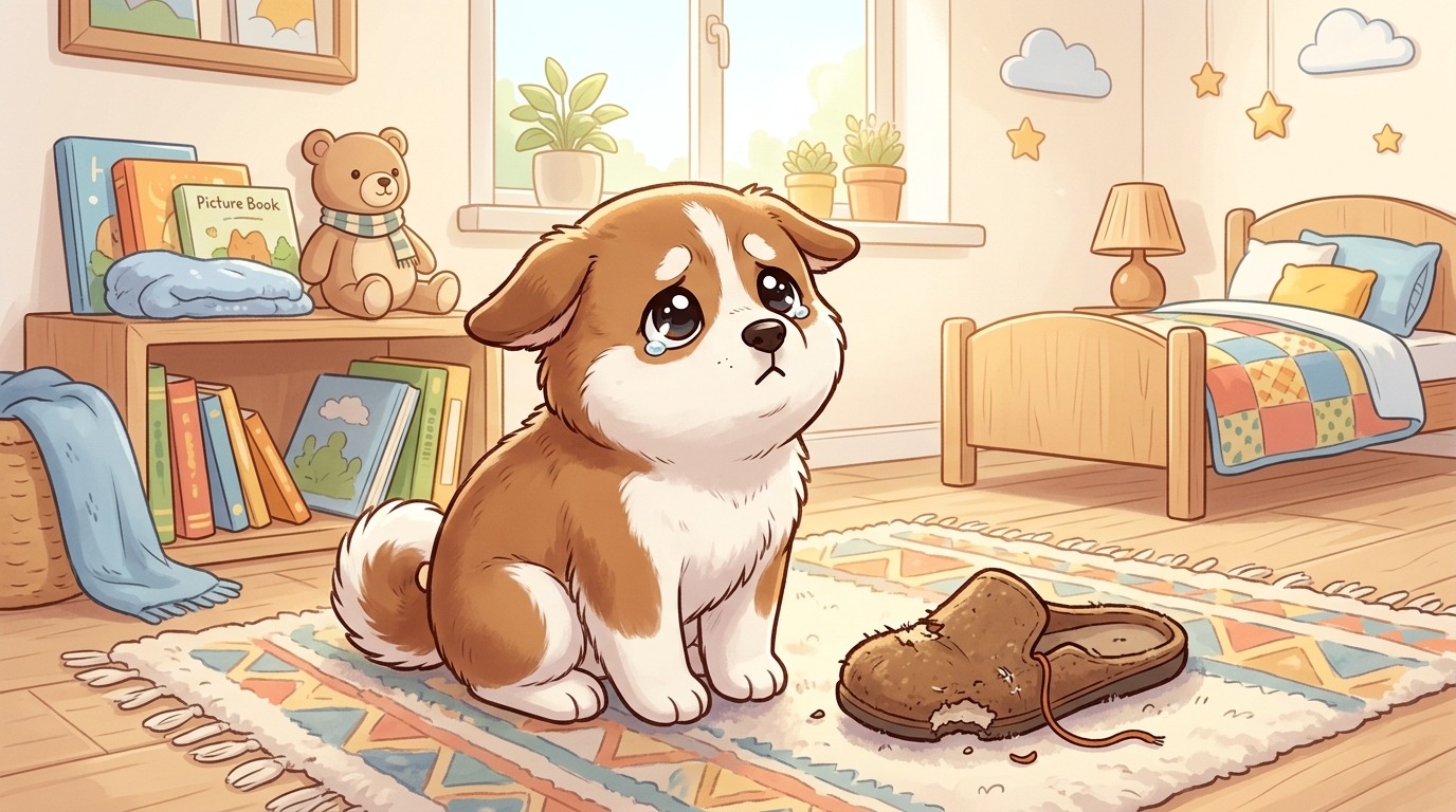 Ein kleiner Hund mit Schlappohren schaut schüchtern nach oben, während neben ihm ein umgekippter Hausschuh liegt.