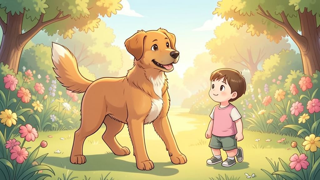 Ein glücklicher Hund wedelt mit dem Schwanz nach rechts während ein Kind ihn freudig begrüßt.