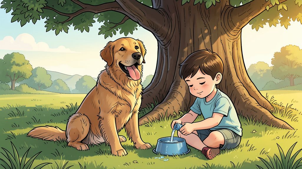 Ein freundlicher Hund sitzt im Schatten eines Baumes auf einer Wiese und hechelt entspannt mit herausgestreckter Zunge.