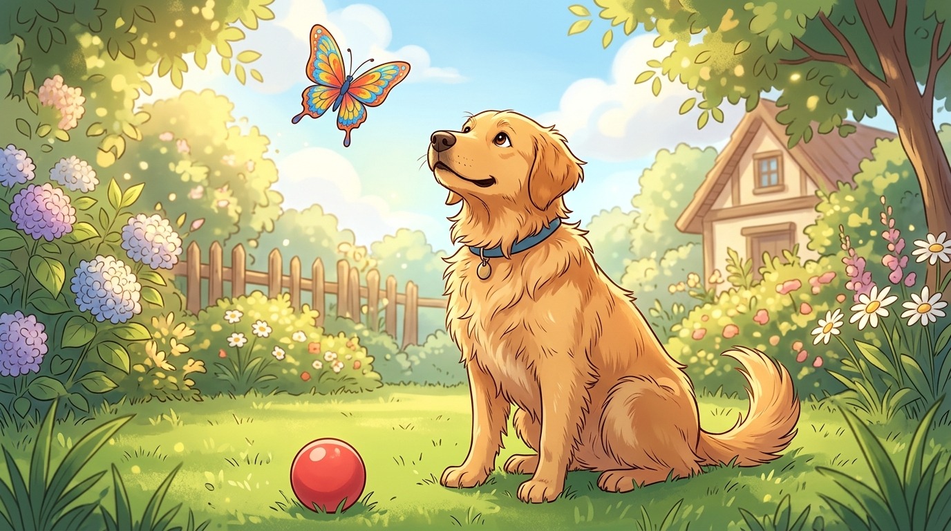 Ein aufmerksamer Hund im Garten beobachtet einen bunten Schmetterling im Flug, während ein Ball unbemerkt im Gras liegt.