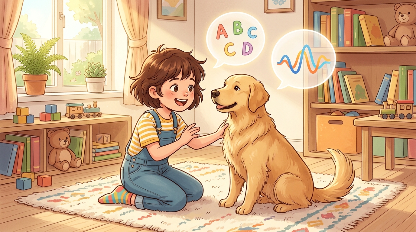 Ein Kind spricht liebevoll mit seinem Hund, Illustration zur Sprachverarbeitung im Gehirn von Hunden.