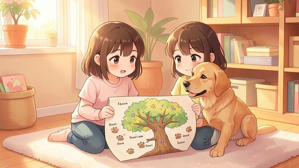 Ein Kind und ein Golden Retriever sitzen gemütlich zusammen und schauen sich ein buntes Dokument mit einem aufgemalten Stammbaum an.