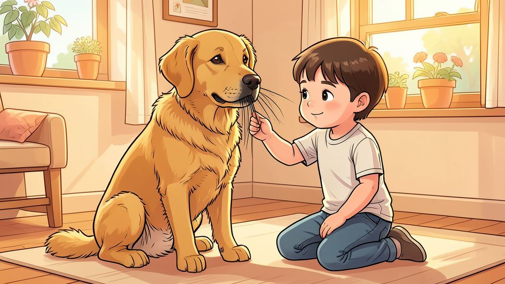 Ein Kind betrachtet neugierig die langen Tasthaare an der Schnauze eines sitzenden Golden Retrievers in einem hellen Kinderzimmer.