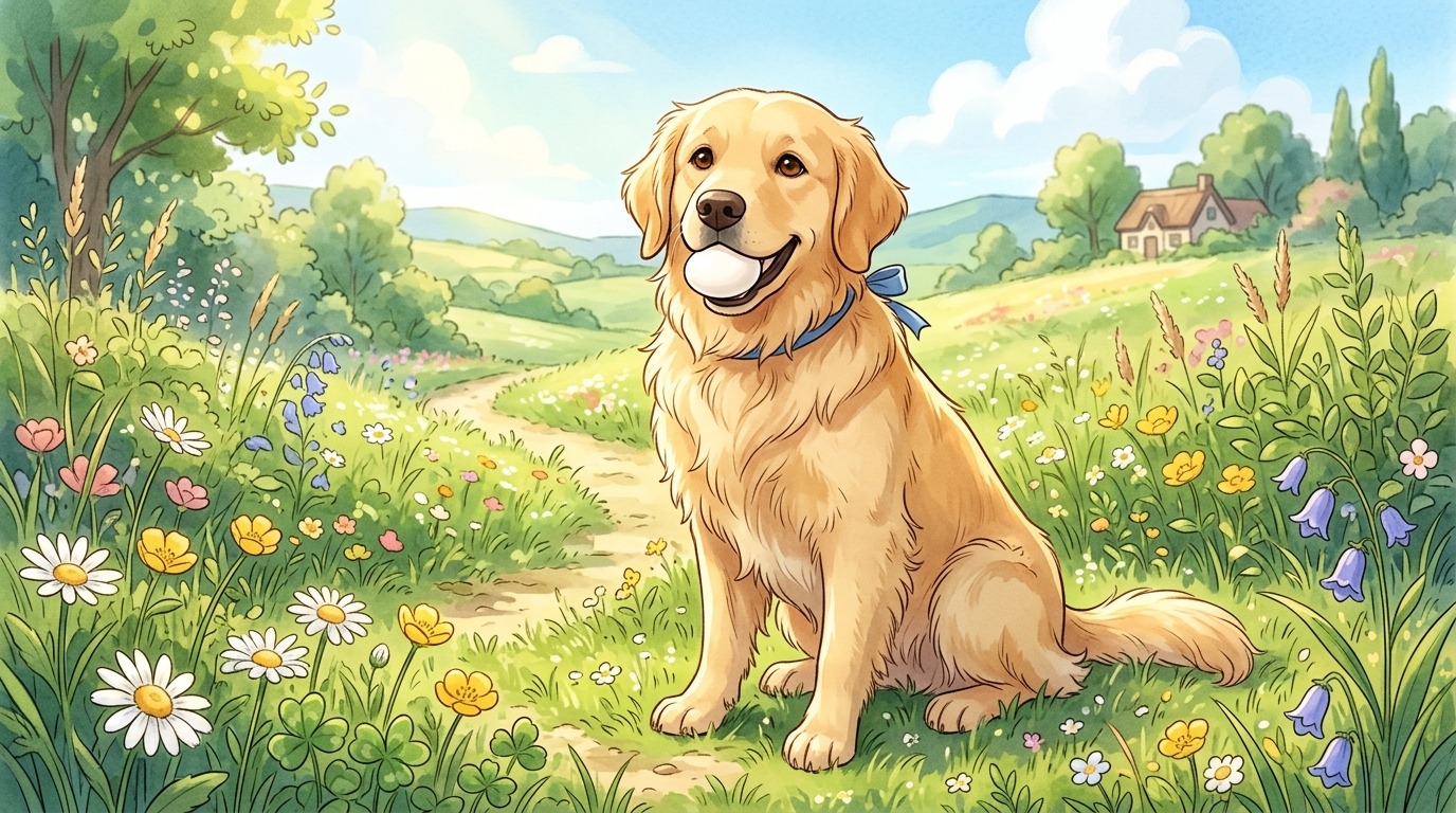 Ein freundlicher Golden Retriever hält ganz vorsichtig ein ganzes, weißes rohes Ei in seinem Maul.