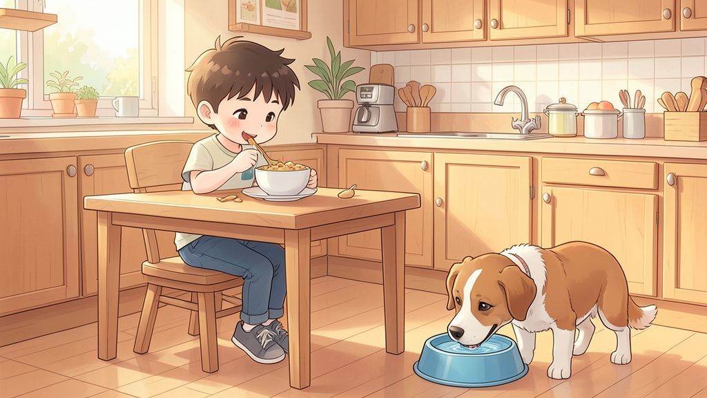 Ein Kind sitzt am Frühstückstisch und isst Müsli, während ein Hund frisches Wasser aus seinem Napf trinkt.