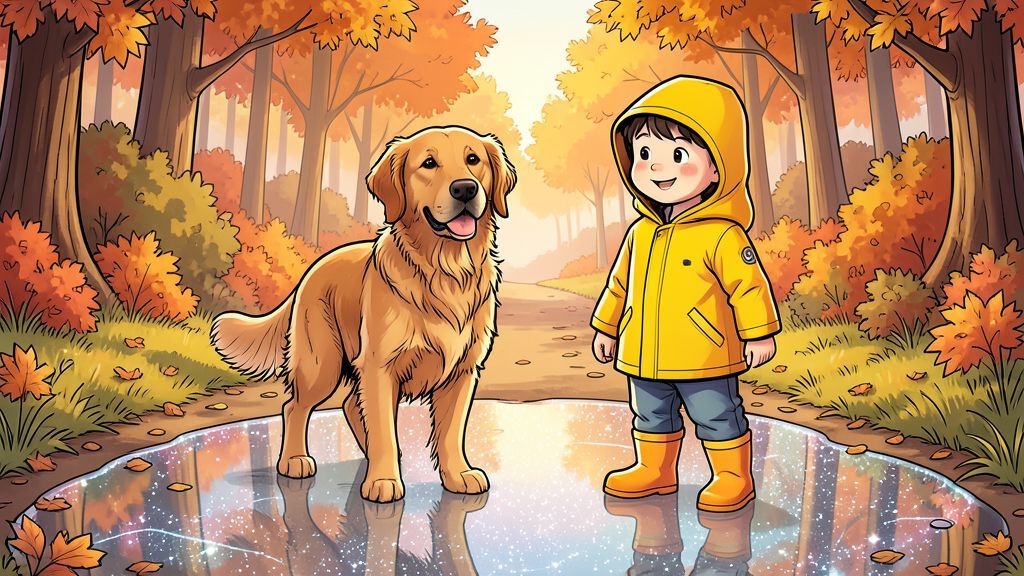 Ein Golden Retriever steht neugierig an einer Wasserpfütze auf einem Waldweg während ein Kind zuschaut