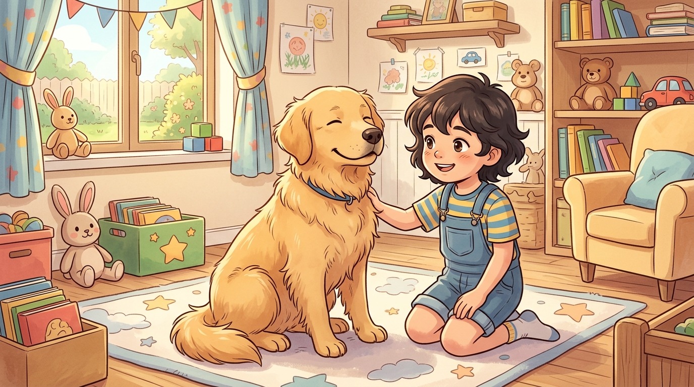 Ein glücklicher Hund sitzt neben einem Kind, das ihn sanft an der Seite streichelt, anstatt ihn fest zu umarmen.