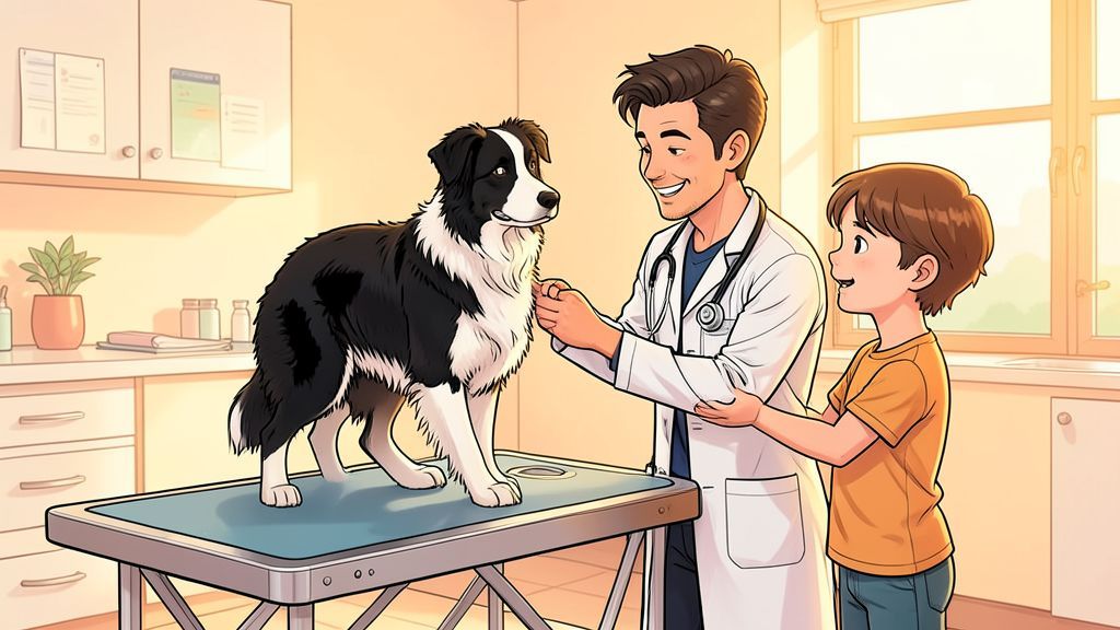 Ein freundlicher Tierarzt untersucht einen Border Collie in einer hellen Praxis, während ein Kind daneben steht.