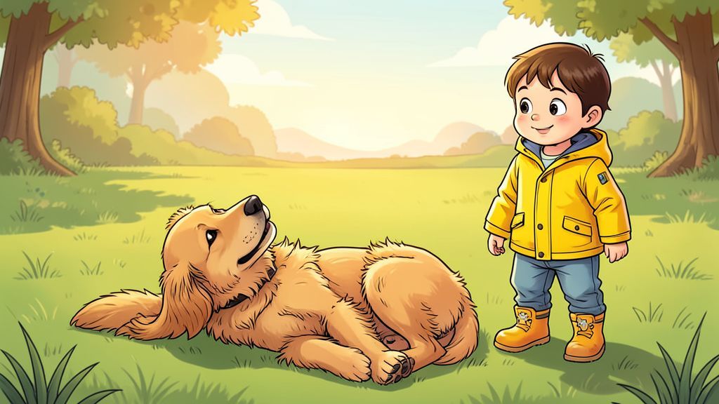 Ein fröhlicher Golden Retriever wälzt sich auf einer grünen Wiese im Gras, während ein Kind daneben steht.