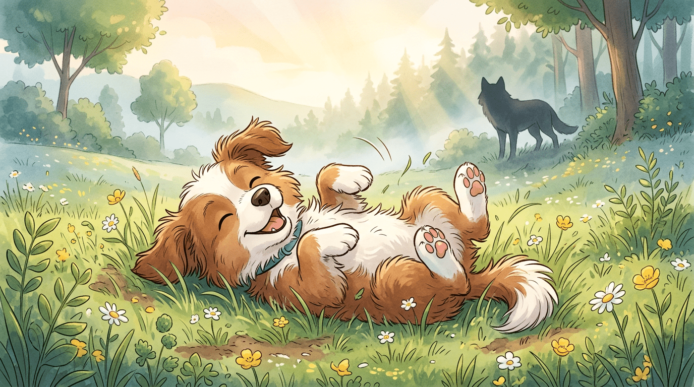 Ein glücklicher Hund wälzt sich auf einer bunten Wiese auf dem Rücken, während im Hintergrund die schemenhafte Silhouette eines Wolfes zu sehen ist.