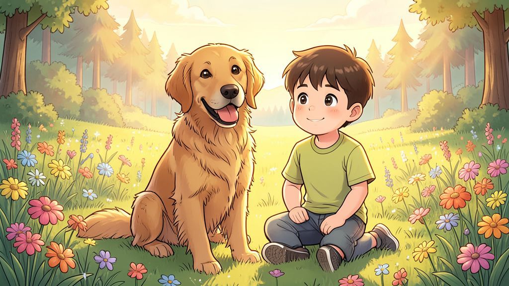 Ein Kind und ein Golden Retriever sitzen glücklich auf einer sonnigen Wiese und schauen sich liebevoll an.