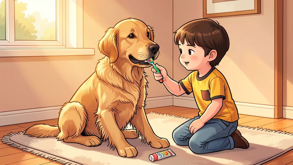 Ein Kind putzt einem ruhig sitzenden Golden Retriever vorsichtig die Zähne mit einer speziellen Hundezahnbürste.