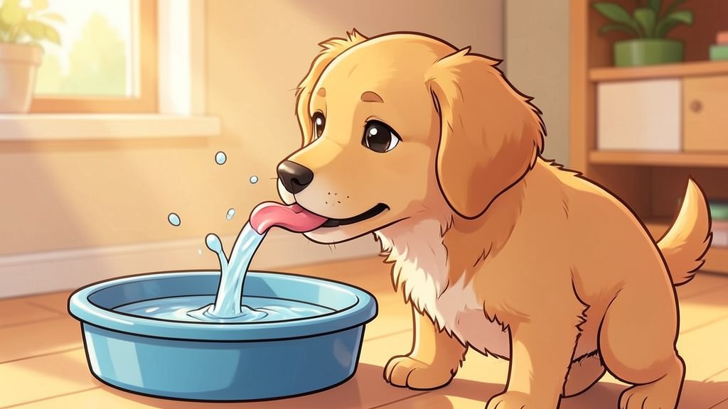 Illustration eines freundlichen Hundes, der aus einem Napf trinkt und seine Zunge wie einen kleinen Löffel formt.