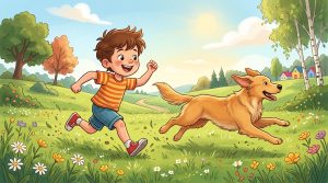 Ein Kind und ein Hund rennen gemeinsam über eine sonnige Wiese.