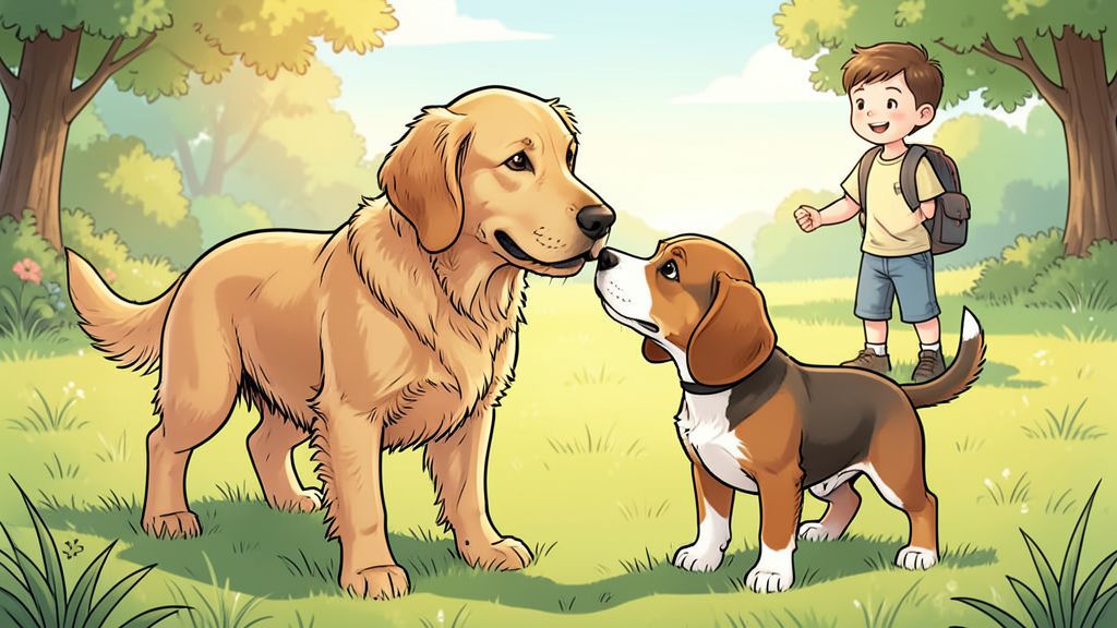 Ein Golden Retriever und ein Beagle begrüßen sich freundlich durch gegenseitiges Beschnüffeln auf einer Wiese.