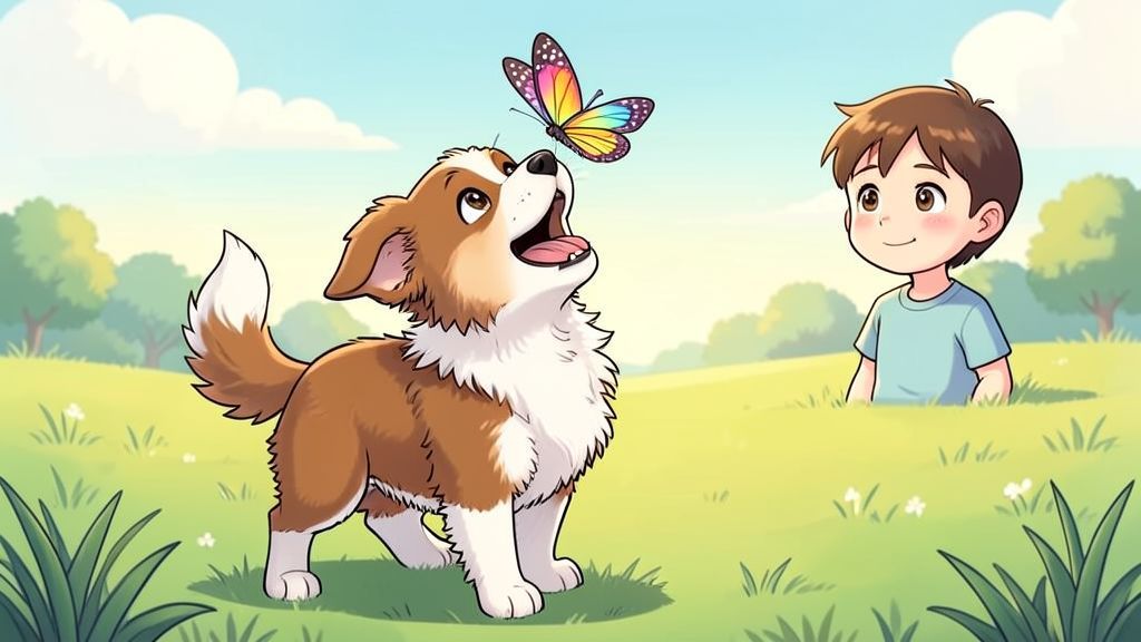 Eine freundliche Illustration eines kleinen, wuscheligen Hundes, der mit offenem Maul bellt, während sein Schwanz fröhlich wedelt.