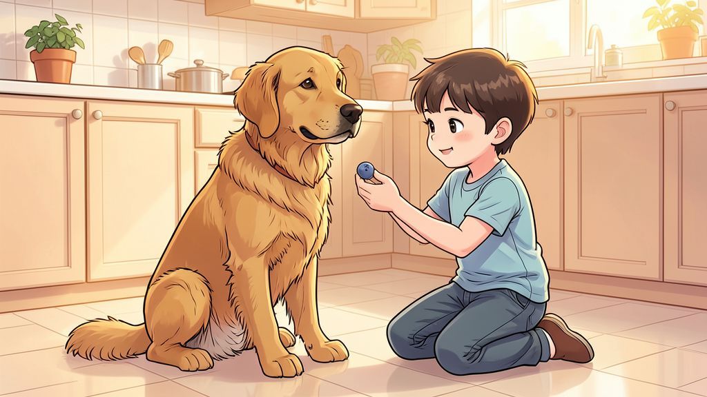 Ein freundlicher Golden Retriever sitzt in einer hellen Küche und bekommt von einem Kind eine Blaubeere als Snack gereicht.