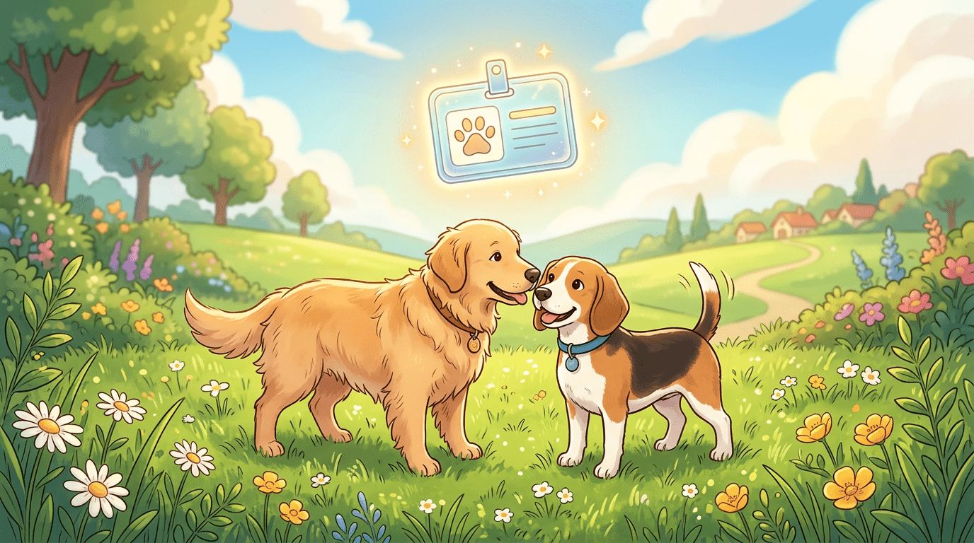 Zwei freundliche Hunde beschnüffeln sich zur Begrüßung im Park, Illustration über Hunde-Duftdrüsen.