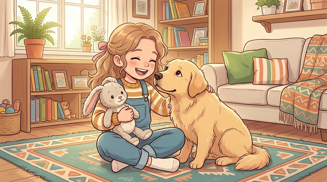 Ein goldener Hund drängt sich eifersüchtig zwischen ein Mädchen und ein Stofftier, um Aufmerksamkeit zu bekommen.