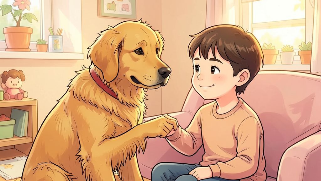 Ein treuer Hund stupst ein Kind vorsichtig an, um es vor einer Krankheit zu warnen.