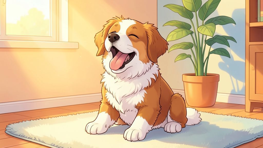 Eine hochwertige Kinderbuch-Illustration eines flauschigen Hundes, der in einem gemütlichen Zimmer friedlich gähnt.