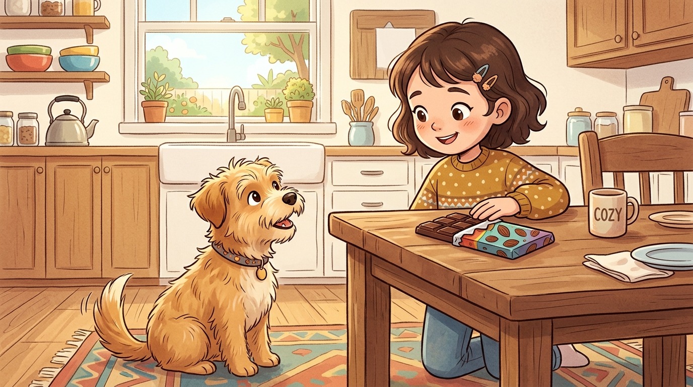 Ein Kind erklärt seinem Hund in einer gemütlichen Küche, dass Schokolade für ihn nicht gesund ist.