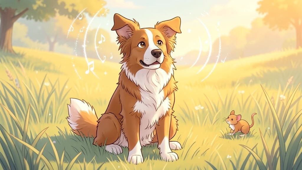 Ein aufmerksamer Hund mit gespitzten Ohren auf einer bunten Blumenwiese, der unsichtbare Schallwellen in der Luft wahrnimmt.