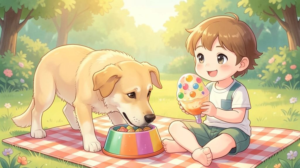 Illustration eines Kindes mit buntem Eis und eines Hundes, der glücklich an seinem Napf schnüffelt.