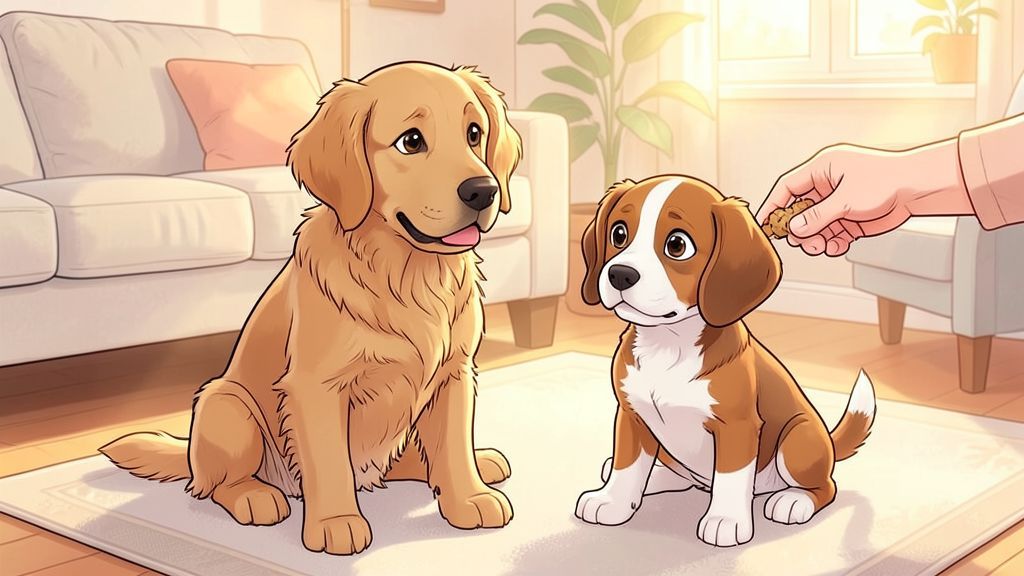 Zwei Hunde sitzen nebeneinander, einer erhält ein Leckerli von einer Hand, während der andere Hund aufmerksam und fragend zuschaut.