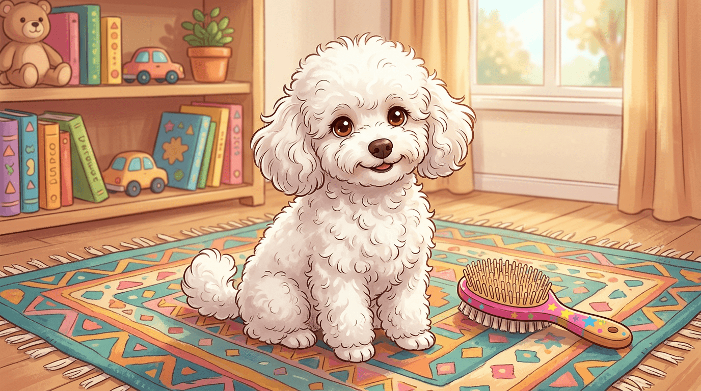 Ein niedlicher, weißer Pudel mit langen, lockigen Haaren sitzt glücklich in einem hellen Zimmer.