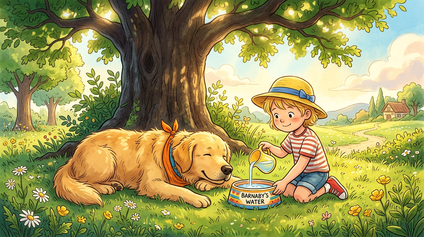 Ein glücklicher Golden Retriever liegt im kühlen Schatten eines Baumes, während ein Kind ihm frisches Wasser in einem Napf reicht.