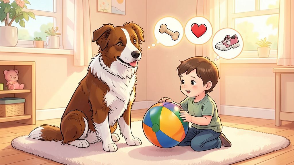 Illustration eines Kindes und eines Hundes, die sich gegenseitig verstehen und über Worte kommunizieren.