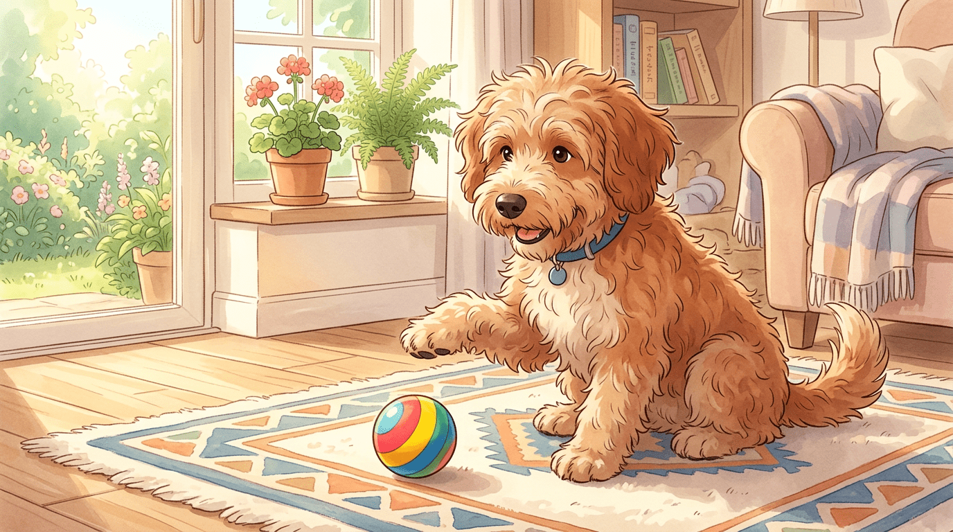 Ein fröhlicher Hund sitzt in einem Wohnzimmer und streckt gezielt eine Pfote nach einem Spielzeug aus.