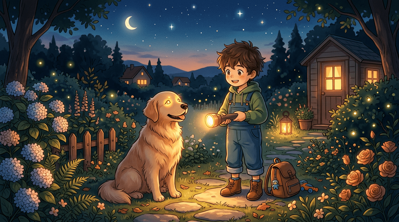 Ein glücklicher Golden Retriever und ein Kind stehen bei Dämmerung im Garten, die Augen des Hundes glänzen leicht.