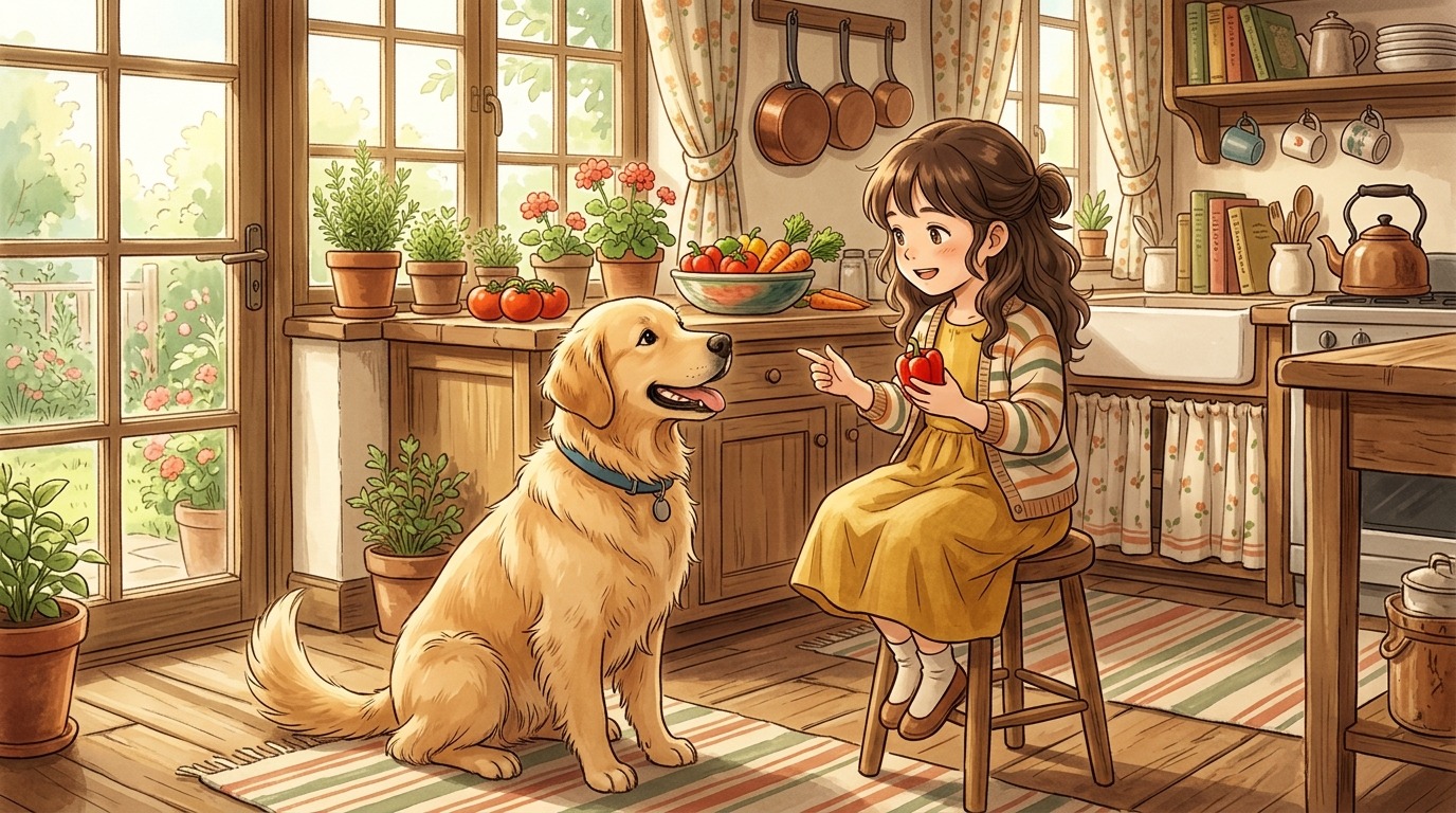 Ein Kind zeigt seinem Golden Retriever eine rote Paprika in einer gemütlichen Küche.