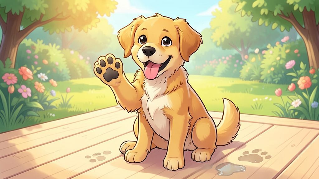 Kindgerechte Illustration eines fröhlichen Hundes im Garten, der seine Pfotenballen zeigt.