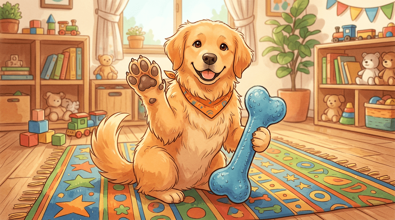 Eine kindgerechte Illustration eines Hundes, der seine Vorderpfote zeigt, an der man deutlich fünf Zehen inklusive der Daumenkralle erkennt.