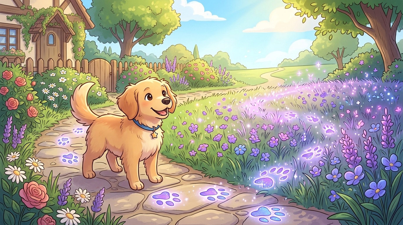 Ein neugieriger Hund im Garten, der leuchtende ultraviolette Spuren auf dem Boden und an Blumen sieht.