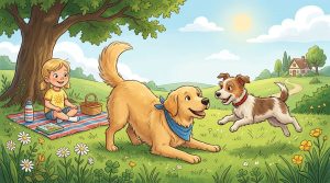 Zwei Hunde spielen friedlich miteinander auf einer Wiese, während ein Kind zuschaut.