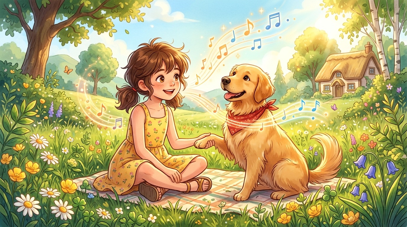 Ein glückliches Kind spricht auf einer bunten Blumenwiese mit seinem aufmerksamen Golden Retriever.