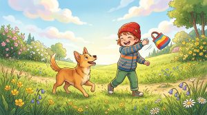 Ein Kind spielt mit seinem Hund auf einer Wiese mit einem Futterbeutel.