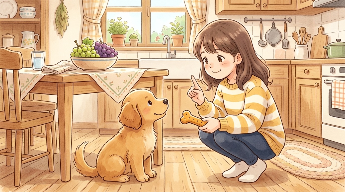 Ein Kind zeigt seinem Hund eine Schale mit Weintrauben und macht eine erklärende Geste, dass der Hund diese nicht fressen darf.