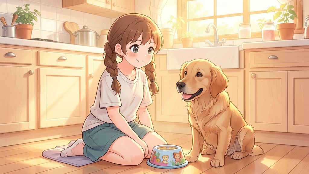 Ein glücklicher Golden Retriever sitzt neben einem Kind in einer sonnigen Küche vor seinem Futternapf.