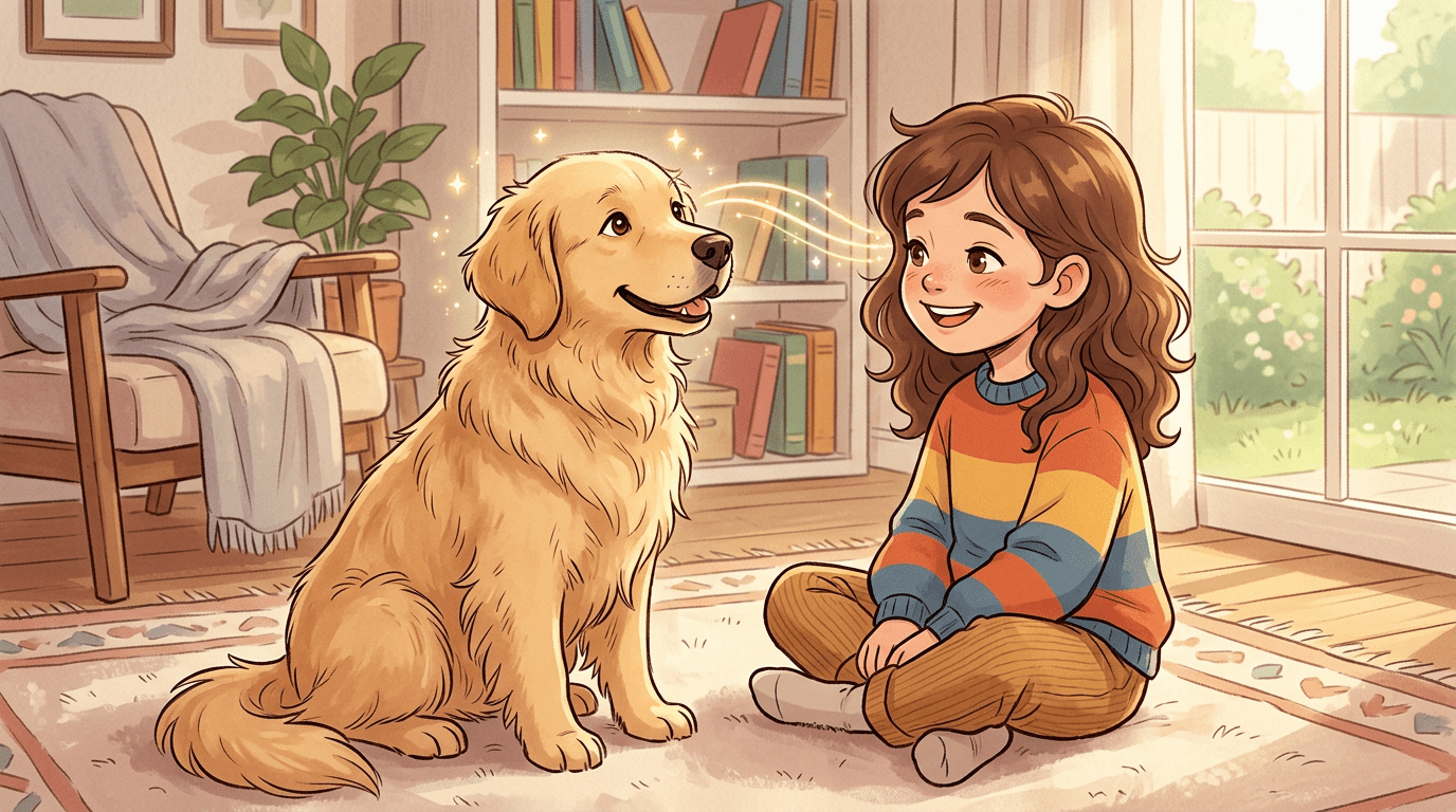 Illustration eines Hundes, der aufmerksam das Gesicht eines Kindes betrachtet, mit sanften Leuchteffekten am Kopf des Hundes.