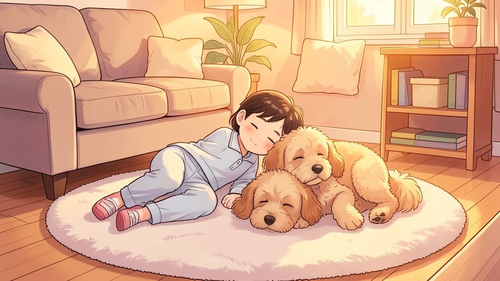 Eine kindgerechte Illustration eines schlafenden Kindes und eines Hundes, die gemeinsam gemütlich auf einem Teppich ruhen.