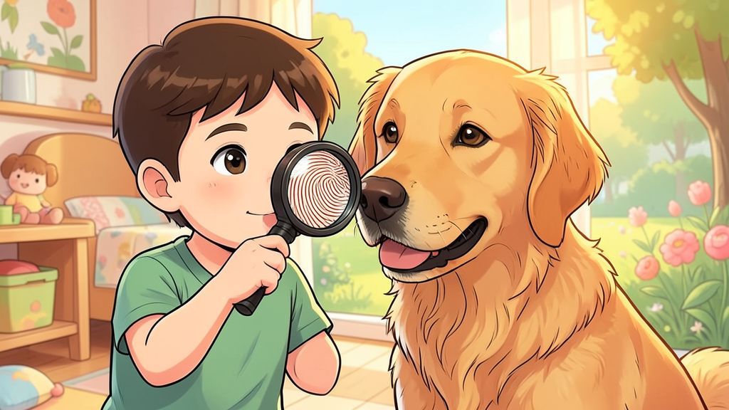 Illustration eines Kindes, das mit einer Lupe das einzigartige Muster auf der Nase eines freundlichen Hundes untersucht.