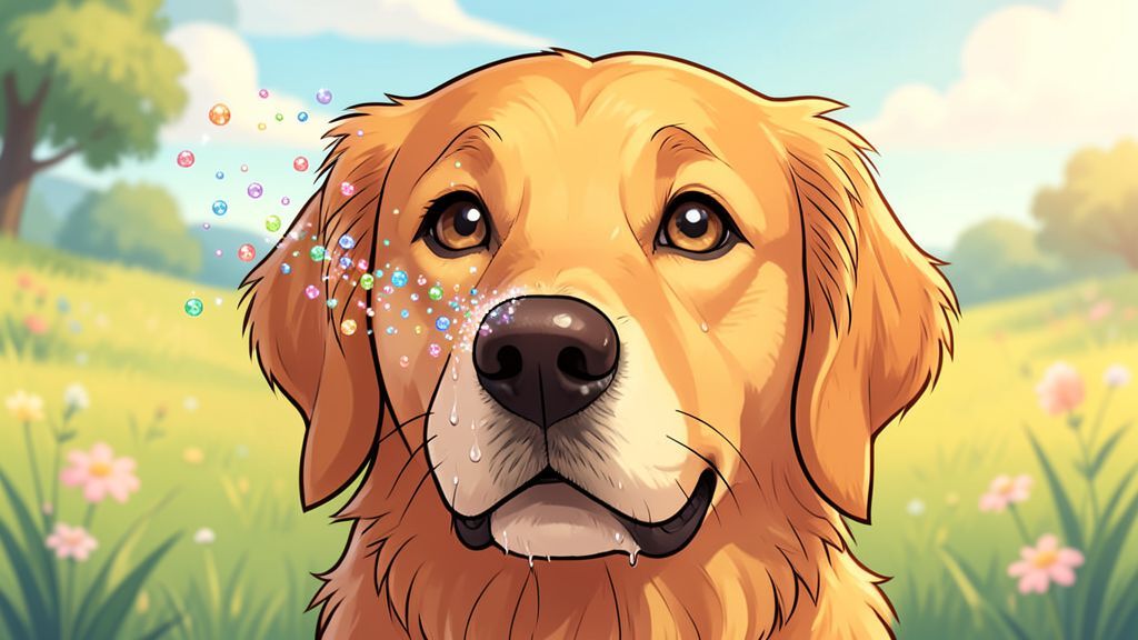 Illustration eines freundlichen Hundes, dessen feuchte Nase glitzernde Duftpartikel aus der Luft wie ein Magnet einfängt.