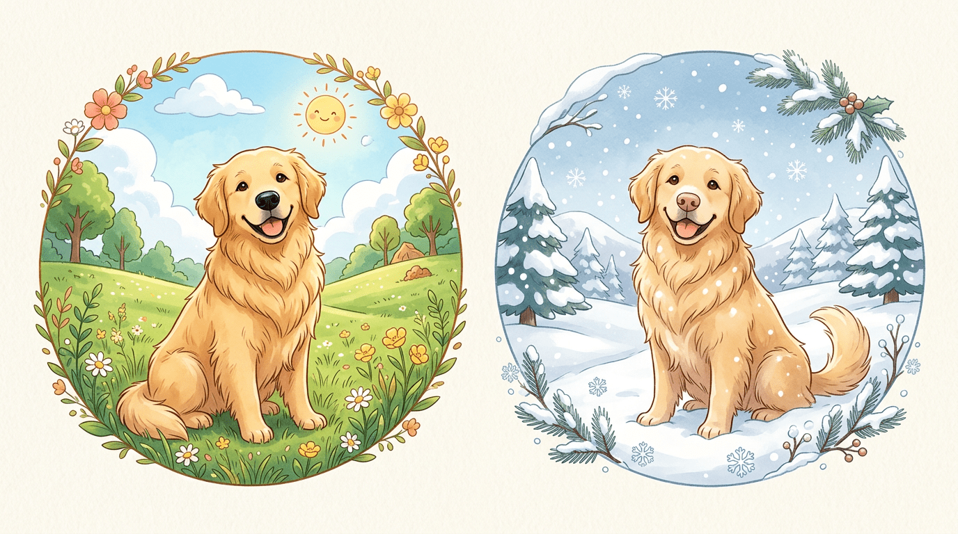 Illustration eines Hundes mit Vorher-Nachher-Vergleich der Nasenfarbe im Sommer und Winter.
