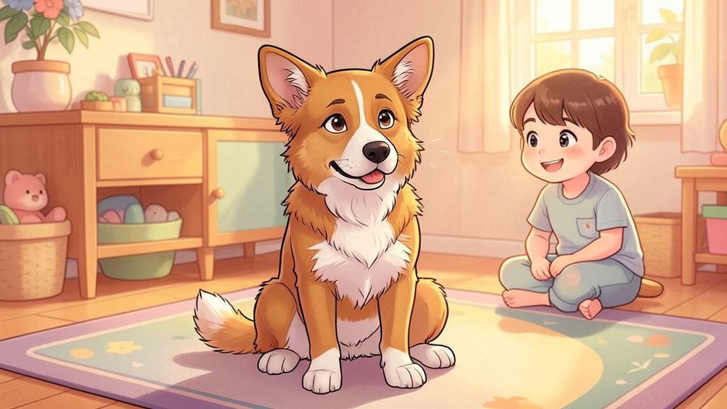 Illustration eines fröhlichen Hundes, der seine Ohren in unterschiedliche Richtungen bewegt.