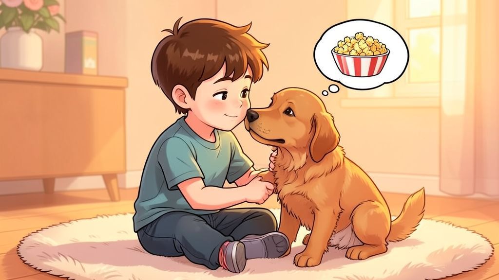 Ein glückliches Kind schnuppert an der Pfote eines Hundes, während im Hintergrund eine Schale Popcorn steht.